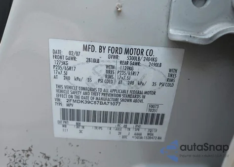 2007 Ford Edge Sel Plus из США, поврежденный, VIN 2FMDK39C57BA71077